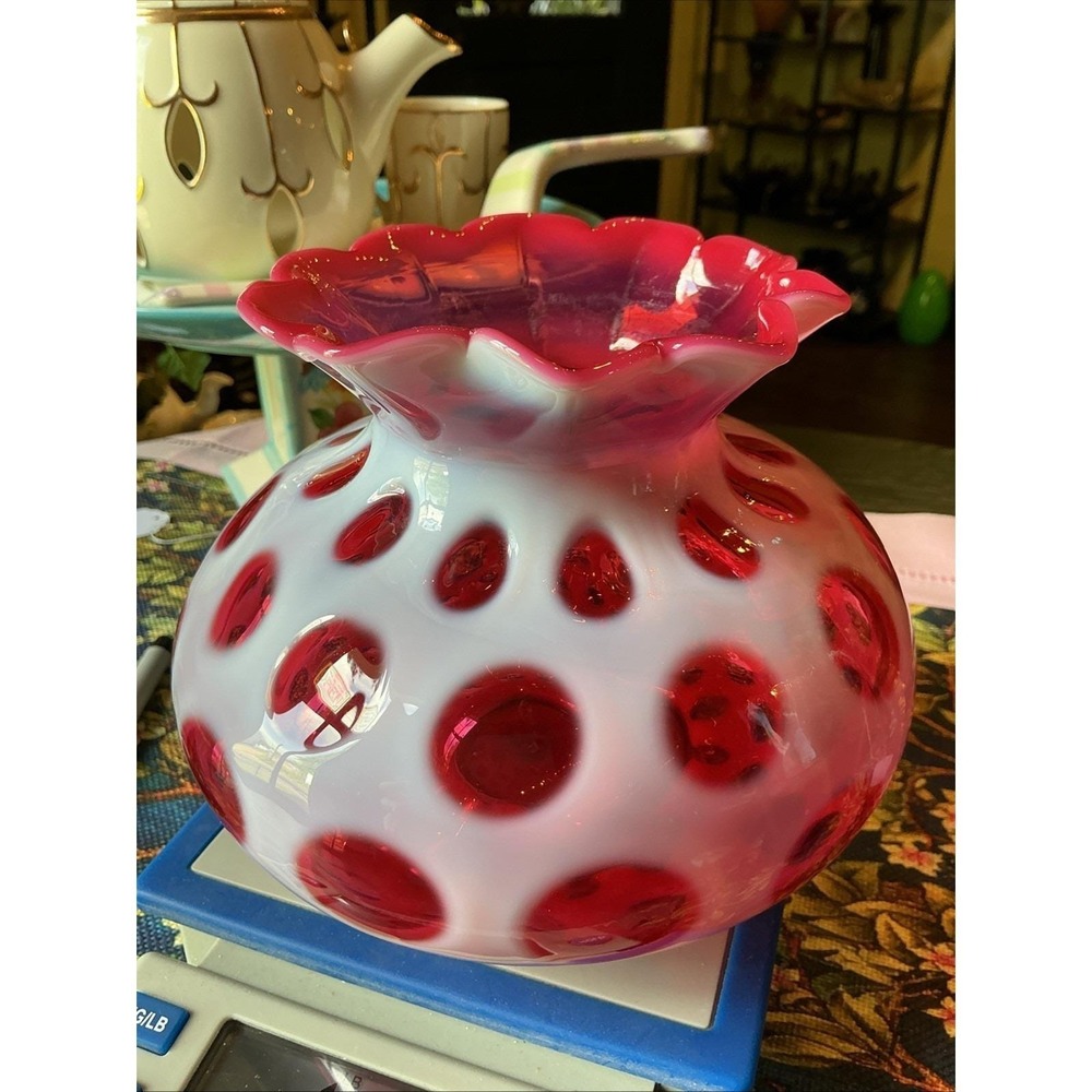 Vintage FENTON MCM Cranberry Opalescent Coin Dot Art Glass Vase 6.5" Wide